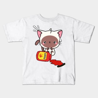 Funny White Cat Spilled Hot Sauce Kids T-Shirt